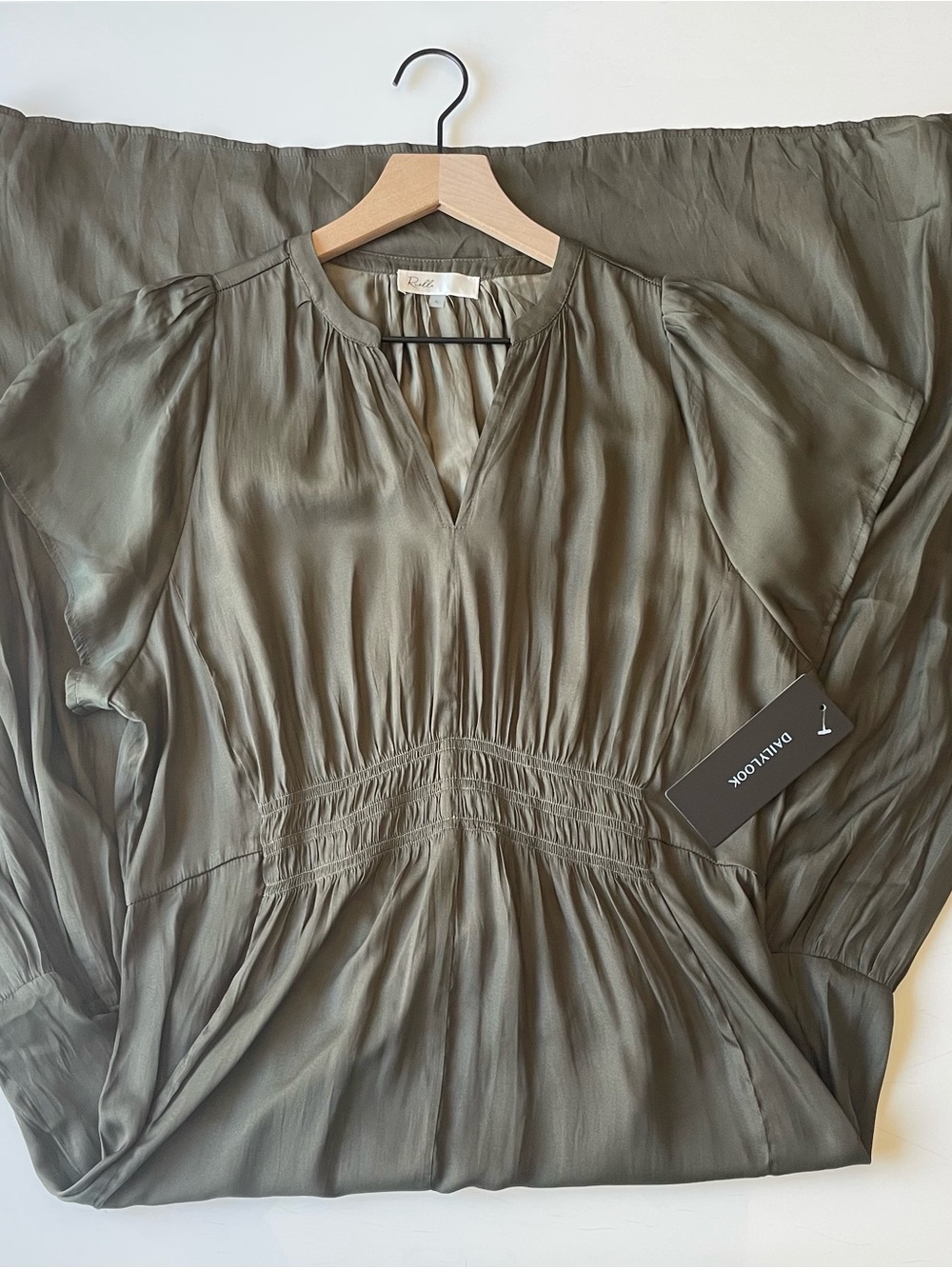 Rielle XL Olive Green Split-Neck Smocked-Waist Tiered Maxi Dress NWT